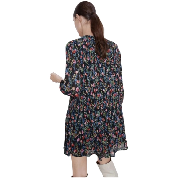 ZARA Floral Annie Long Sleeve Pleated Mini Dress - Picture 3 of 8
